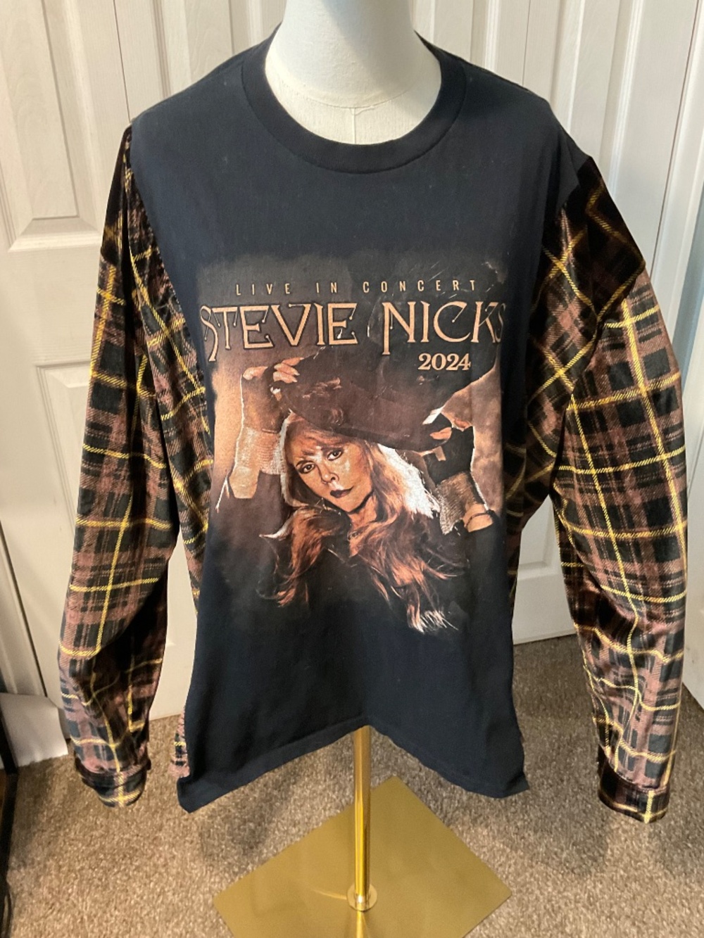 Stevie Nicks Upcycled Graphic Tour T-Shirt with Velvet Sleeves - OSFM